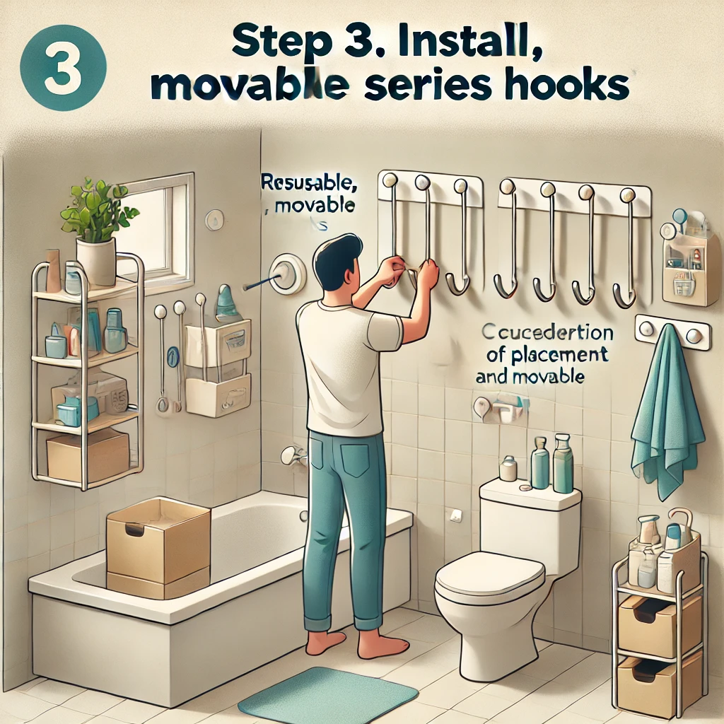 Wall Storage for Small Bathroom: Step 3. Install Reusable, Movable Series Hooks