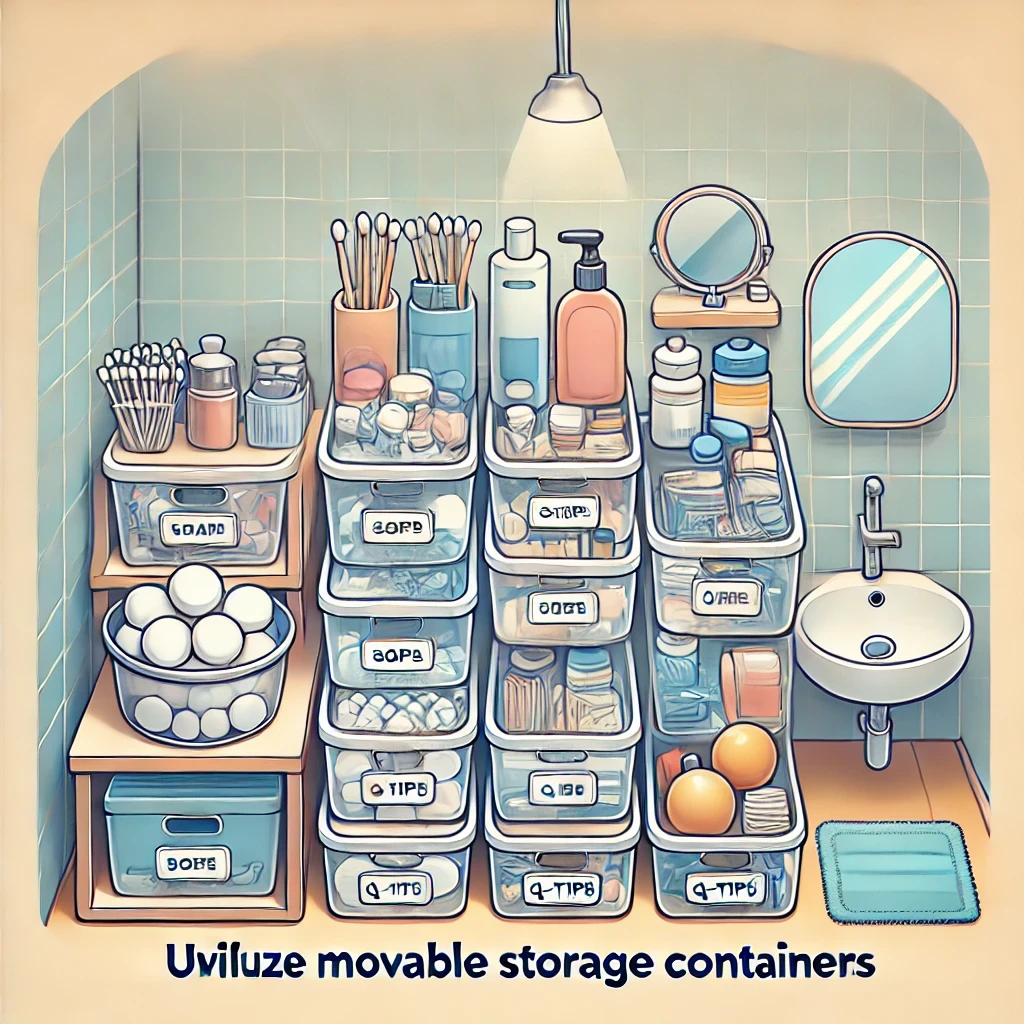 Wall Storage for Small Bathroom:  Step 5. Utilize Movable Storage Containers